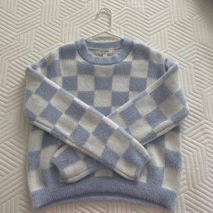 Fuzzy blue and white checkered sweater
